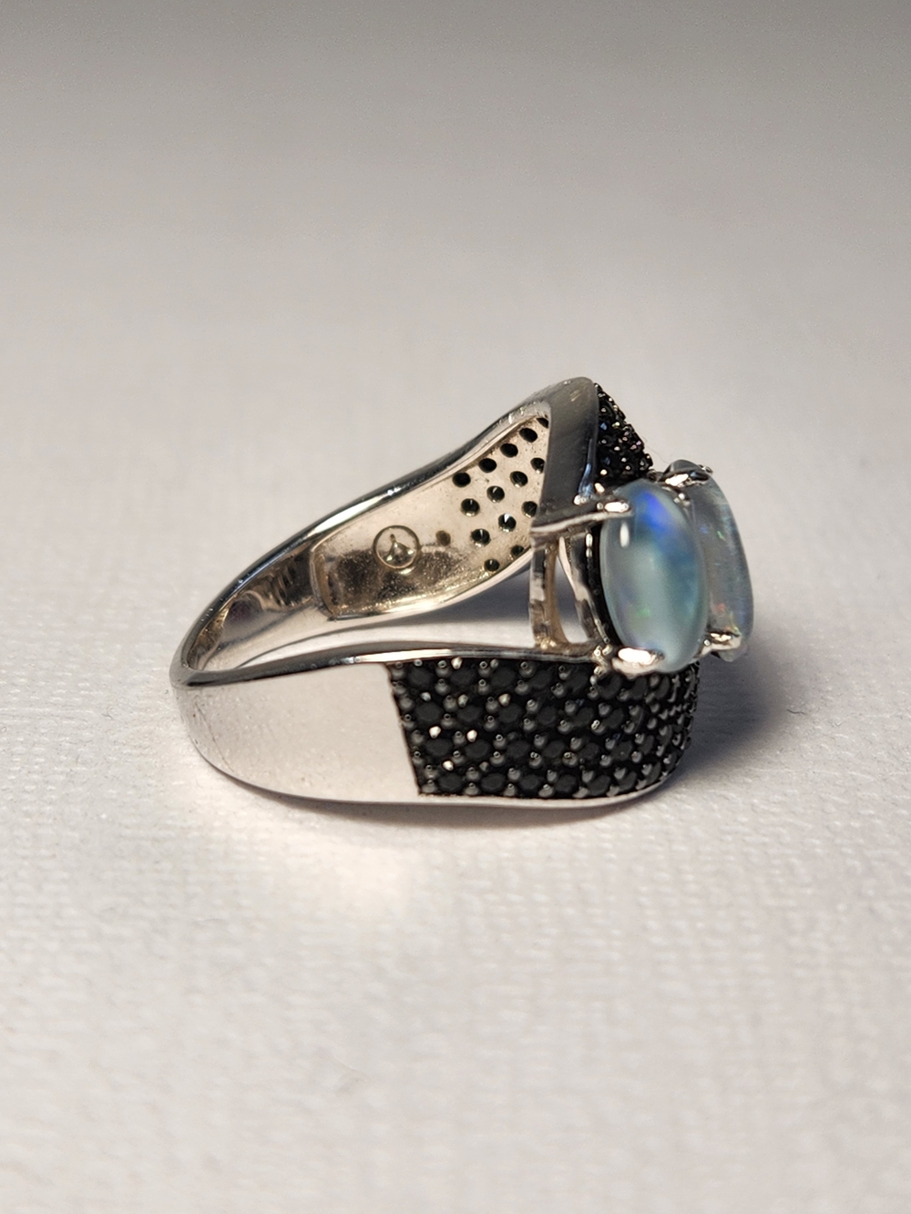 NIB VTG 925 Natural Opal Triplet Stone Black Spinel Pave Accents Ring Sz 5 - Picture 7 of 14